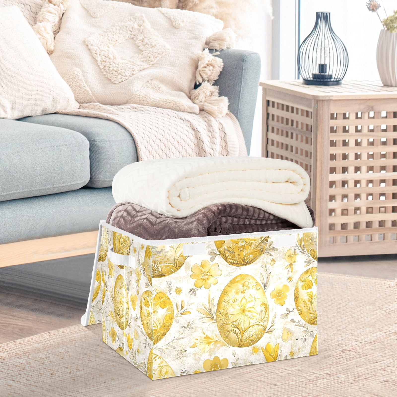 Gold Easter Eggs Storage Basket for Shelves Foldable Container Organizer for Organizing Toys Clothes Books with Handles