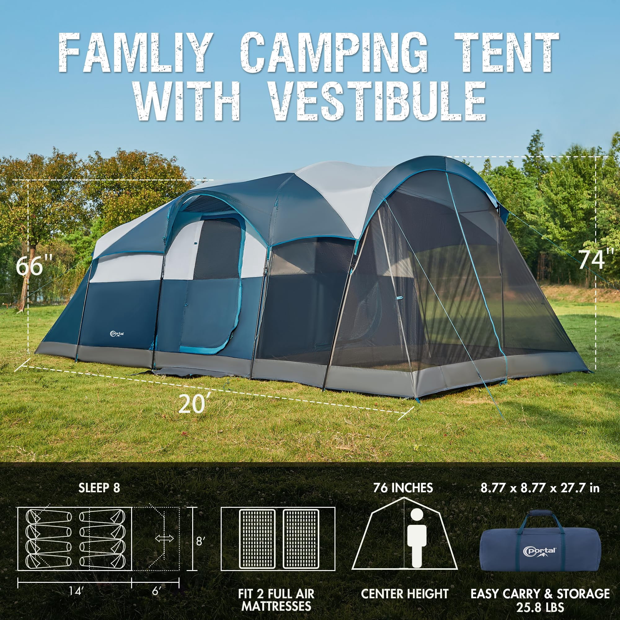 PORTAL Family Camping Tent for 6/8/10 People with Screen Room Water Resistant Rainfly Ideal for Outdoor Camping Parties