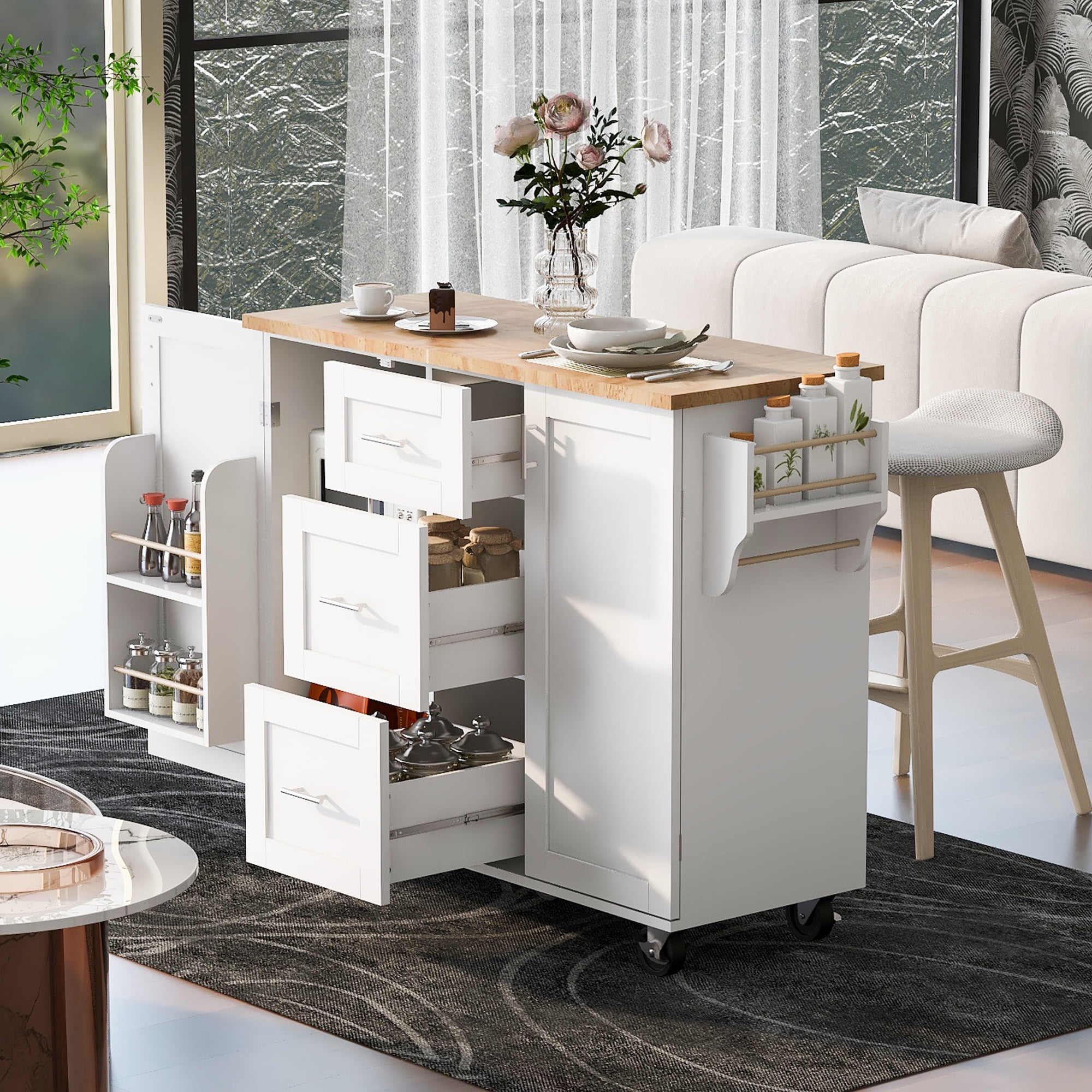 MAYEERTY Kitchen Island on 5 Wheels with Storage Cabinet & 3 Drawers for Dining Room, White