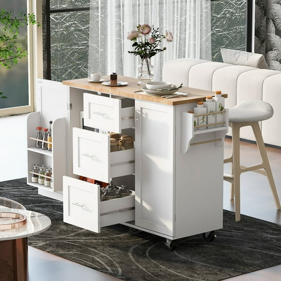 Knubmt Wood Top Kitchen Island with 3 Drawer and 2 Shelf, Rolling Kitchen Cart with Wheels and Spice Rack and Tower Rack, White