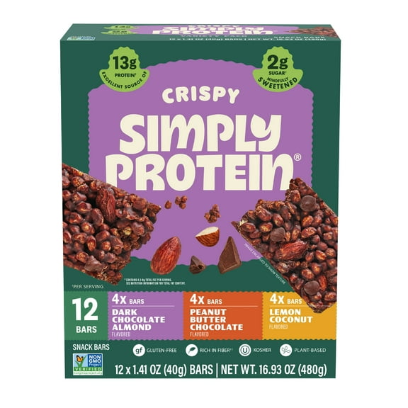 Simply Protein Crispy Protein Bars Variety Pack, Low Carb/ Sugar, High Fiber, Vegan Snacks, 12-Pack