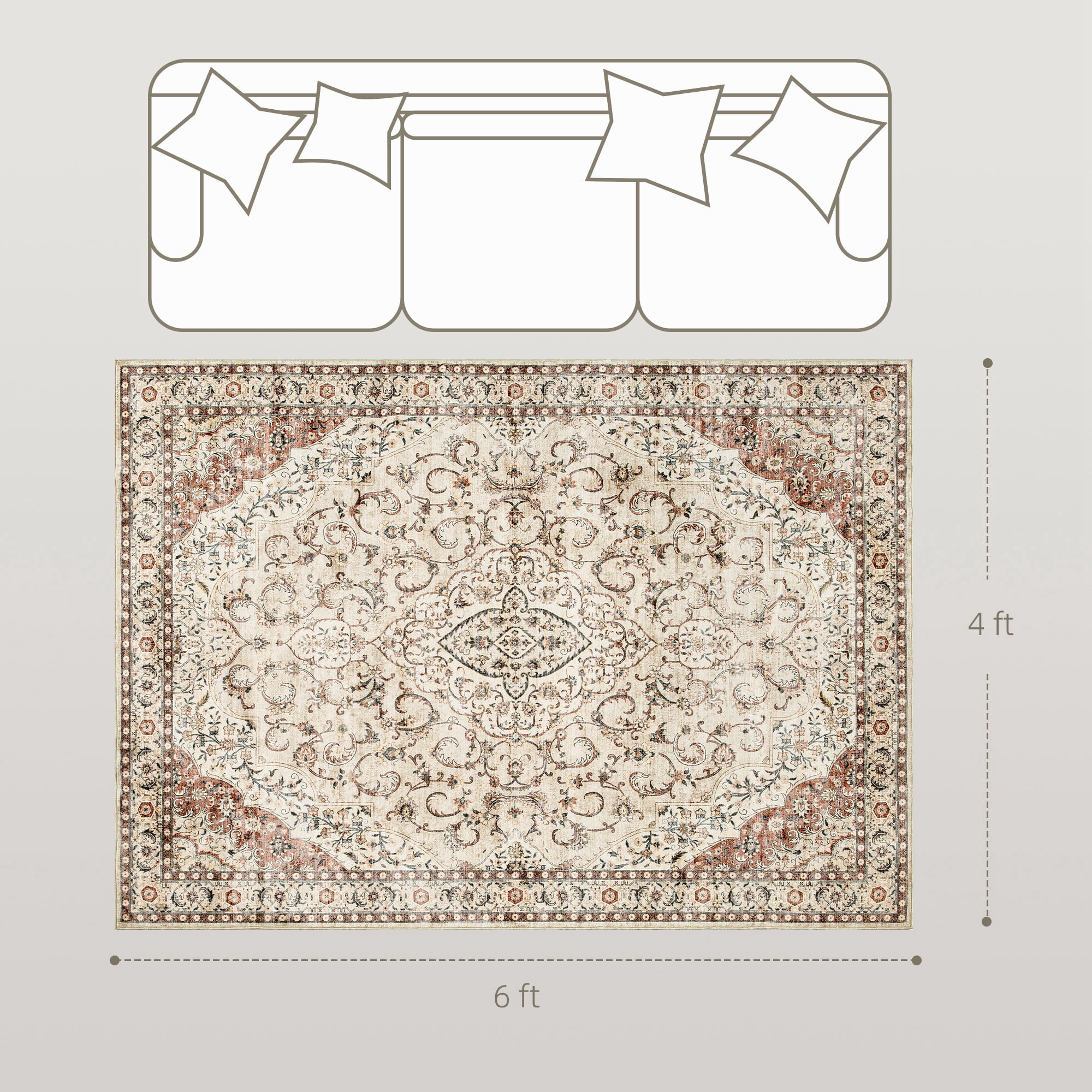HOMCOM Area Rug 4x6, Machine Washable Rug, Non-Slip Classical Floral Print Floor Carpet for Living Room, Bedroom, Dining Room, Mixed-Brown