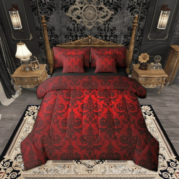 Gothic 7 Piece Comforter Set Full Bed in a Bag,Adults Black Damask Bedding Sets,Victorian Sheet Set with Comforter Vintage Baroque Goth Antique Black Floral Bohemian Decor,Red