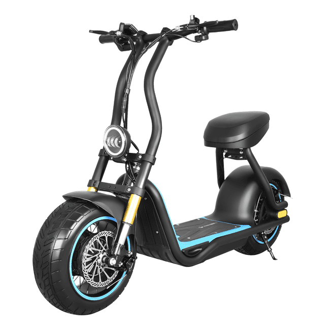 scooter eléctrico honey whale h10 azul, vista 3/4 frontal con chasis de acero azul, plataforma negra con detalles azules, llantas 13.5" con aro azul y freno de disco delantero, manubrio alto con faro circular LED y asiento individual acolchado; según especificaciones motor 800W, batería 48V 13Ah y autonomía hasta 40 km, indicado para terreno plano y trayectos urbanos cortos.