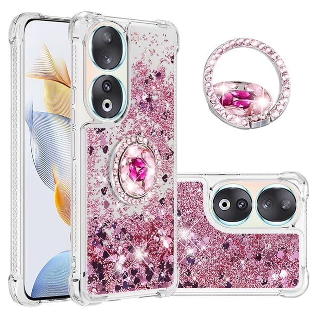 Funda para Honor 90 5G con Brillo Líquido Flotante, Purpurina, Parachoques y Anillo Giratorio Soporte