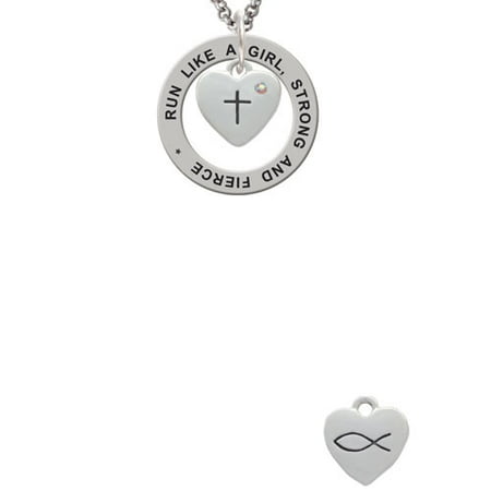 - Silvertone Small Heart with Cross & Fish with Crystal Run Like A Girl Affirmation Ring Necklace