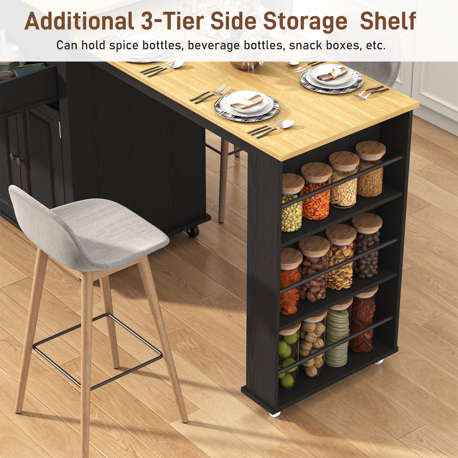 Blotout Large Extendable Kitchen Island Cart (80"-48") - Rolling on Wheels, with Extendable Dining Table, Power Outlet, 2 Cabinets, 2 Drawers & 3 Open Shelves