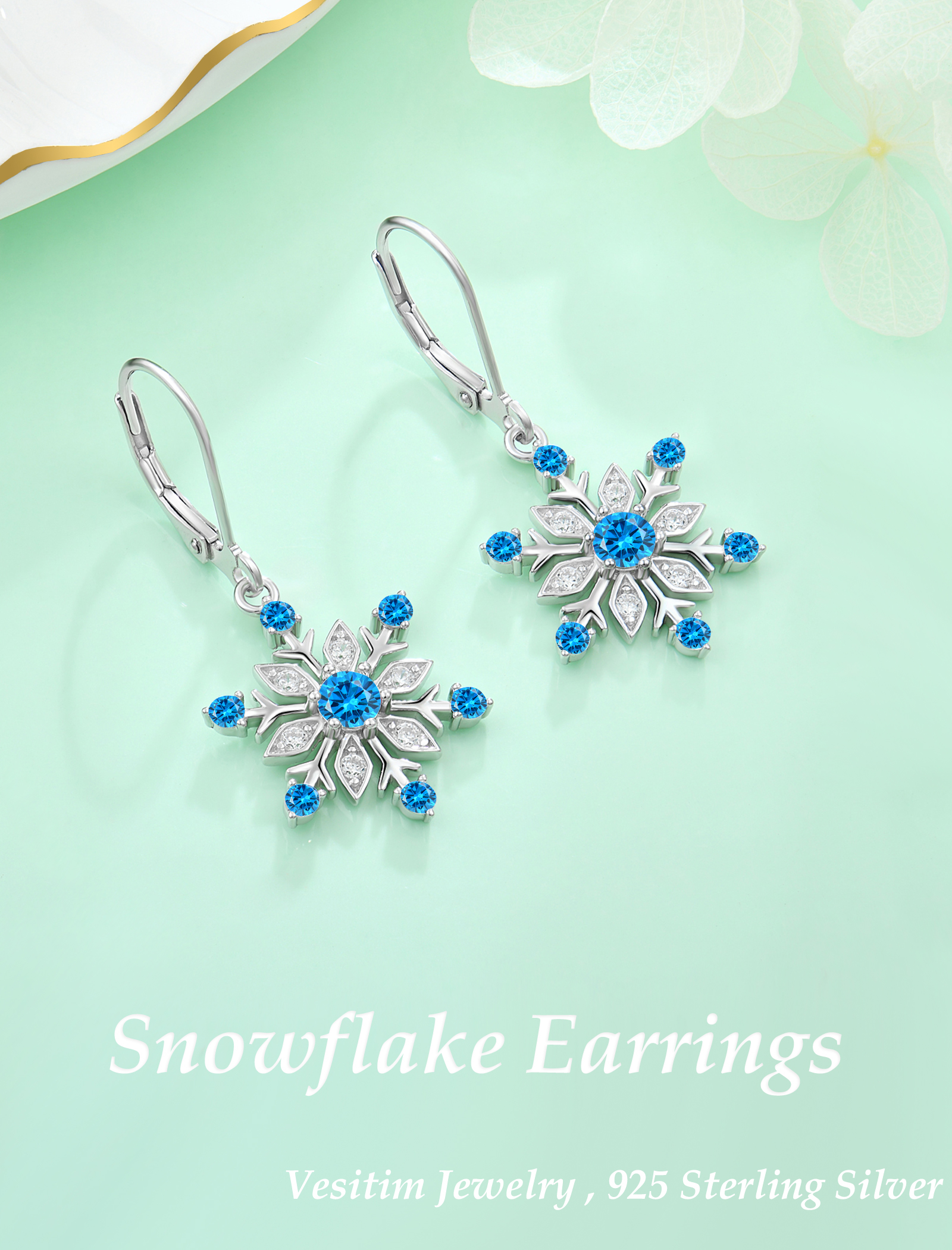 VESITIM Snowflake Earrings for Women 925 Sterling Silver Winter Dangle Drop Earrings Birthstone Created Aquamarine Leverback Jewelry for Christmas Gifts