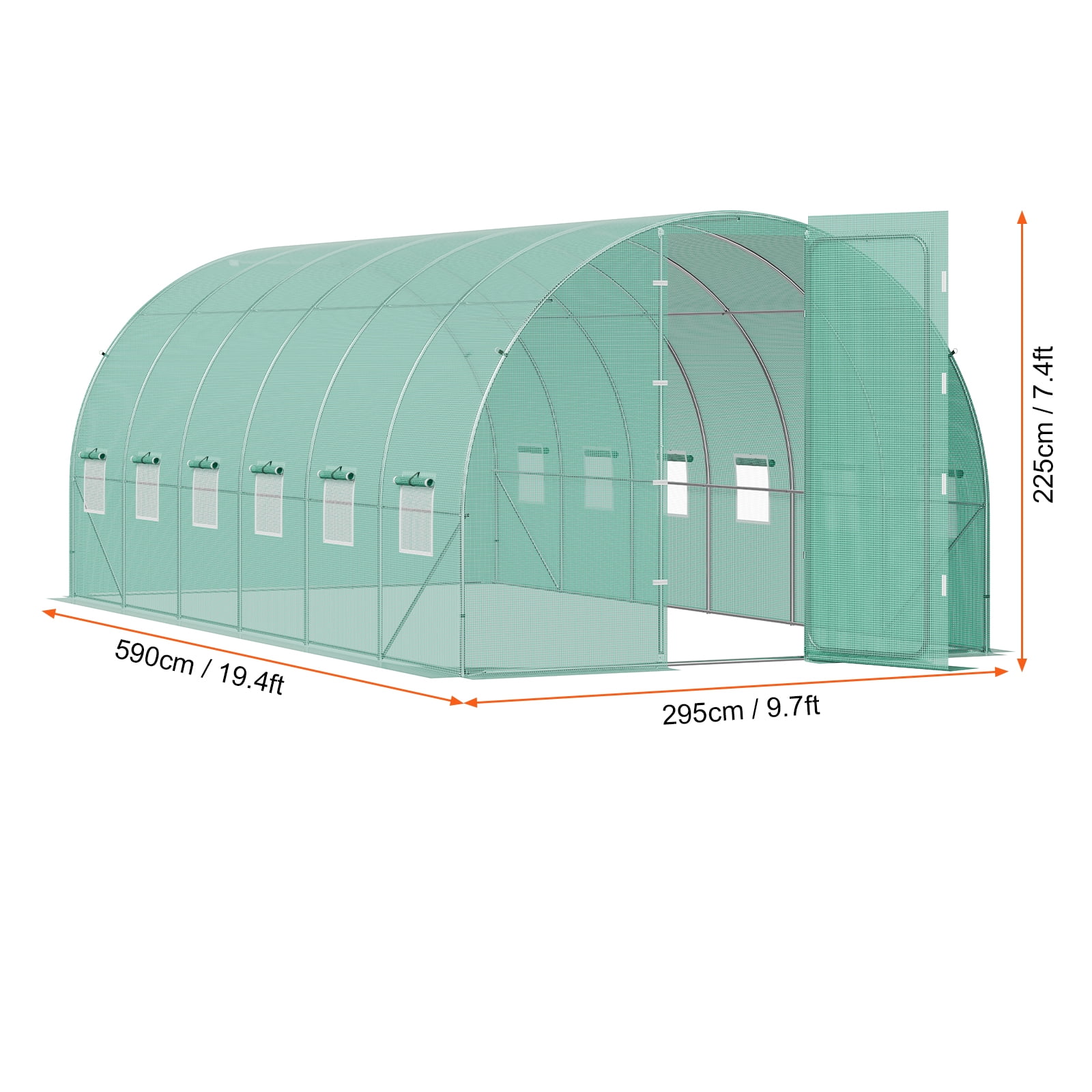 VEVOR Walk-in Tunnel Greenhouse, 19.4x9.7x7.4 ft Hoop House Greenhouse Tunnel, Plant Hot House with Galvanized Steel Frame, Green PE Cover, Swing Door and 12 Roll-up Windows for Outdoor