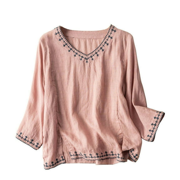 WRKEKC Dressy Casual Tops for Women Summer Vintage Embroidery V-Neck 3/4 Sleeve Blouse with Feminine Detail