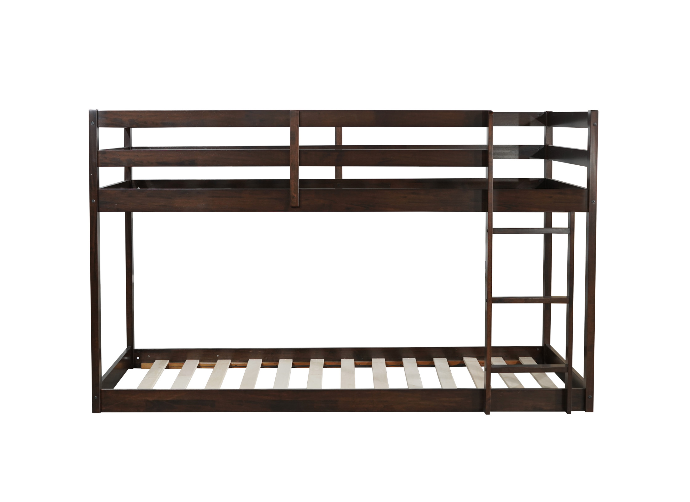 Noble House Alina Twin Over Twin Floor Bunk Bed with Ladder, Solid Rubber Wood Frame with Strengthened Slats, Espresso