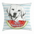 thumbnail image 1 of Labrador Throw Pillow Cushion Cover, Hello Summer Quote with a Sketch Style Retriever Dog and Fresh Watermelon Slice, Decorative Square Accent Pillow Case, 20 X 20 Inches, Multicolor, by Ambesonne, 1 of 2