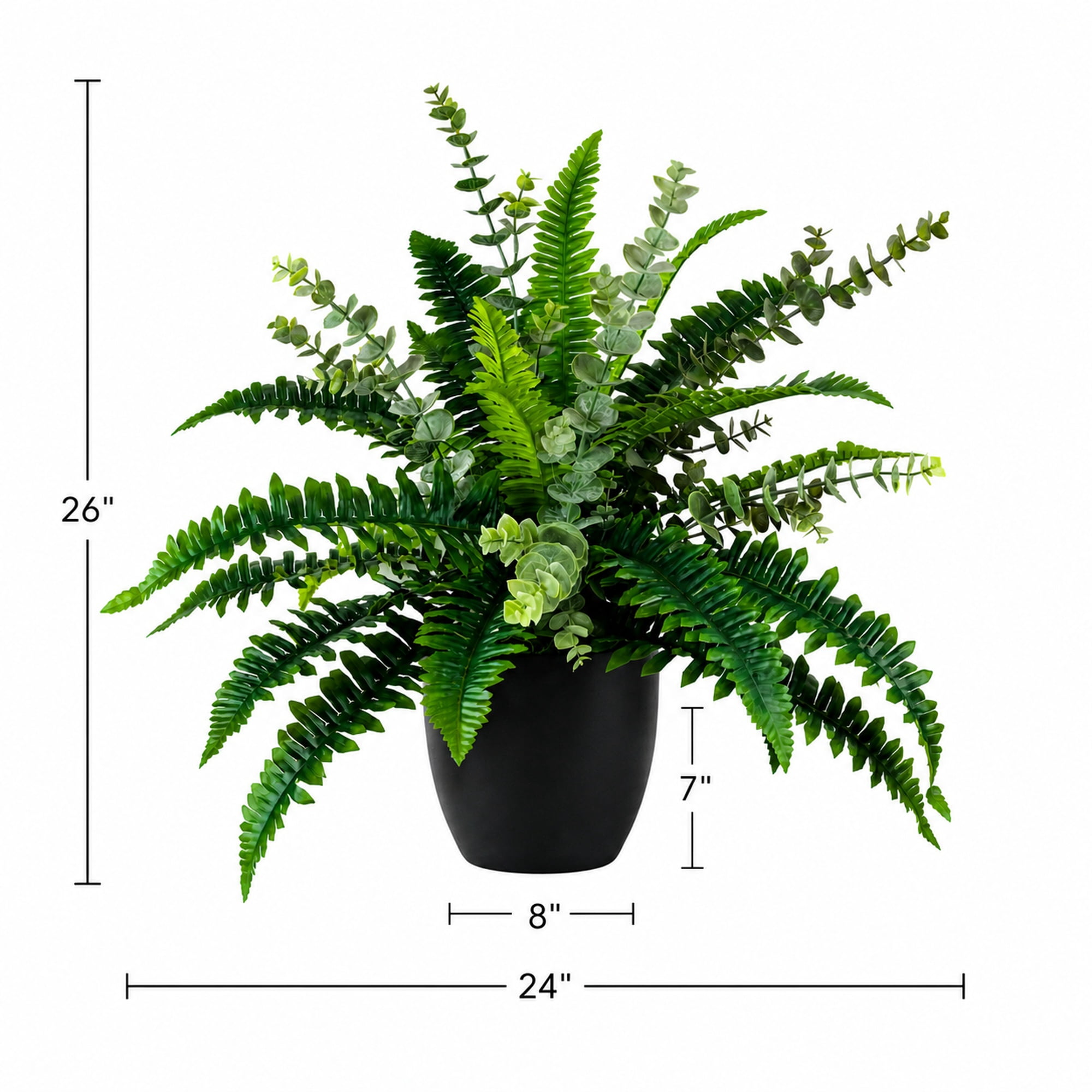 Artificial Plants, 26in Fake Potted Fern and Eucalyptus Mix in Black Drop In Pot by LCG Florals, Indoor Faux Greenery Small Plant for Home Office Bathroon Living Room Tabletop Decor