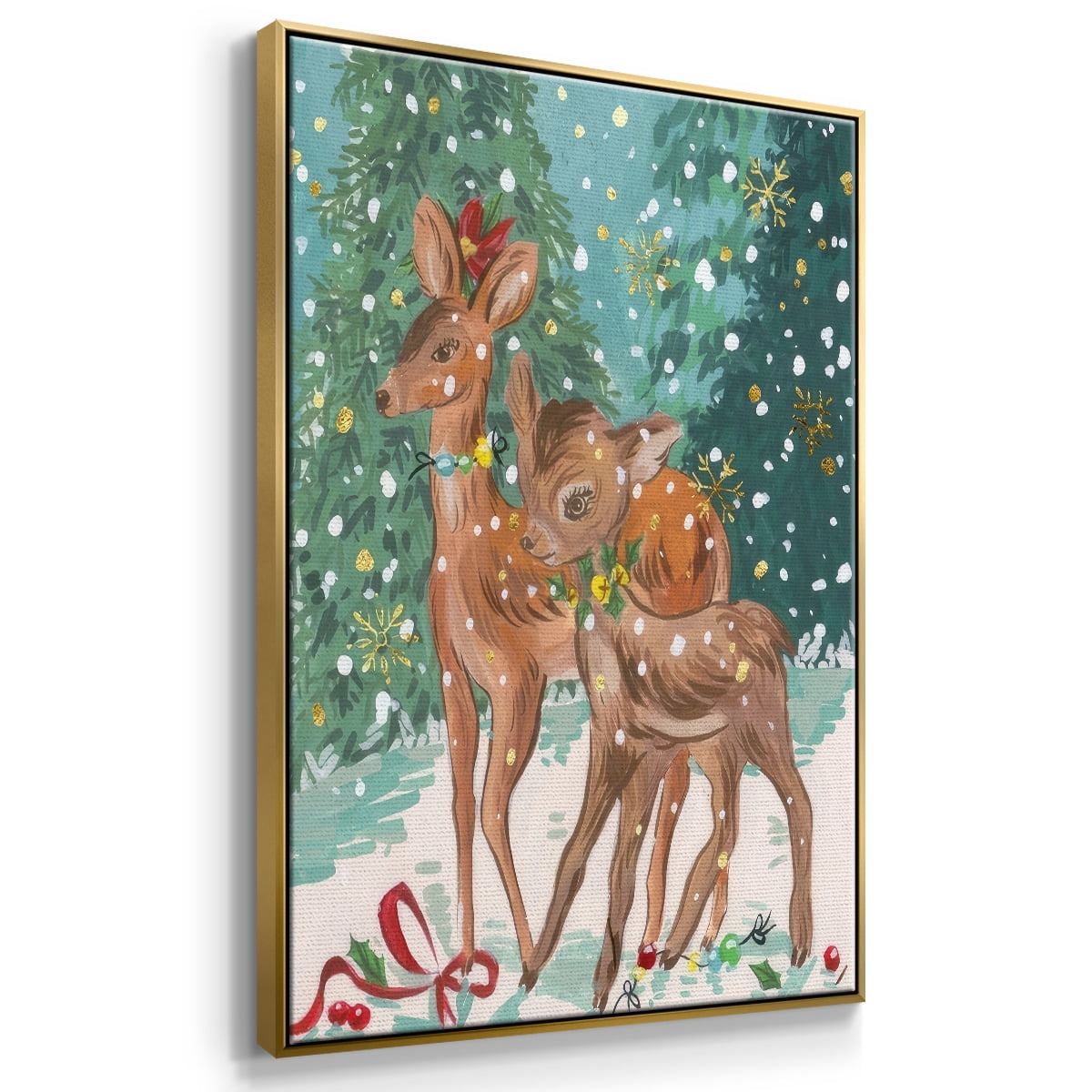 Doe and Fawn I - Framed Gallery Wrapped Holiday Canvas - 17 x 25 - Gold Frame
