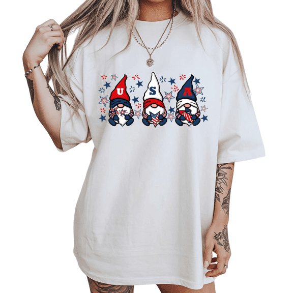 USA Patriotic Gnomes Womens S-5XL 4th Of July Graphic Short Sleeve T-Shirt White Tops