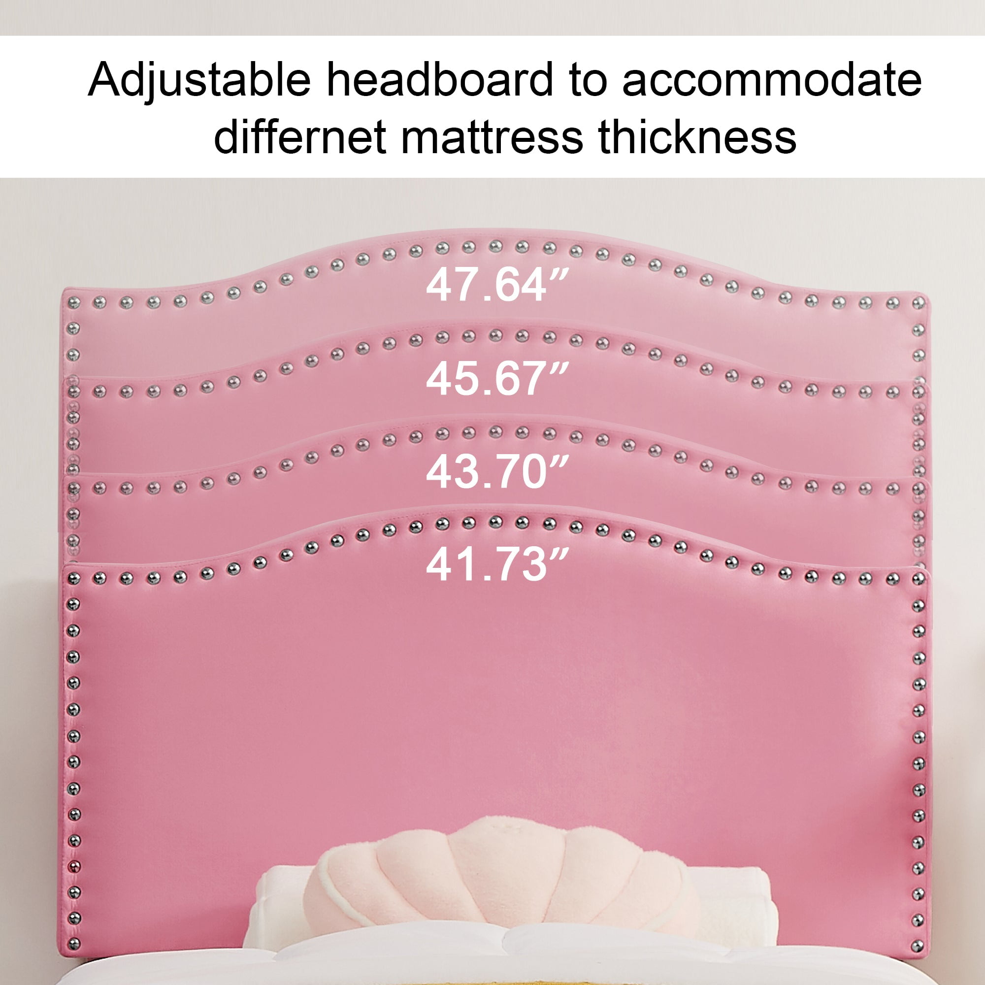 VECELO Twin Bed Frame, Nailhead Trim Upholstered Platform Bed with Adjustable Headboard, Wooden Slats Support/No Box Spring Needed, Pink