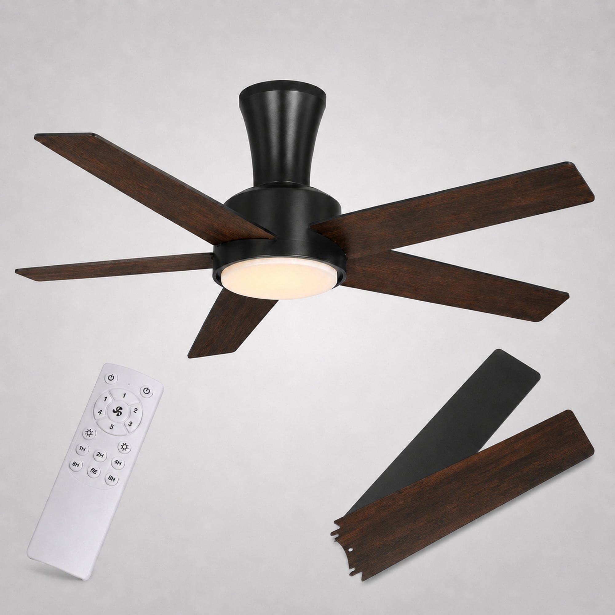 Mainstays 52-Inch Black Low-Profile DC Ceiling Fan with Integrated LED Light, Remote Control, 6 Speeds, and Fast-Install Blade System