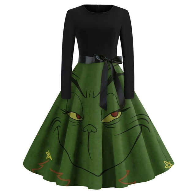 Chandail de Noël Abordable Corashan Chandail de Noël Laid Robe Évasée à Imprimé de Noël pour Femmes Robe à Manches Longues Robes de Fête Décontractées Vert, 2TG