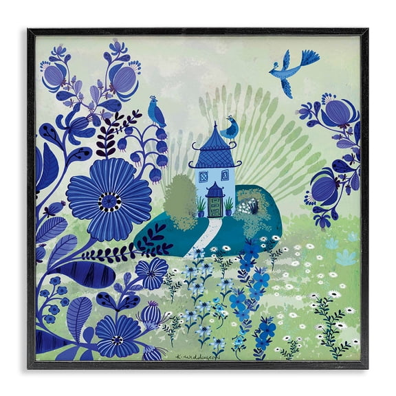 Stupell Industries Whimsical Blue Garden Floral Painting Black Framed Art Print Wall Art, 12 x 12