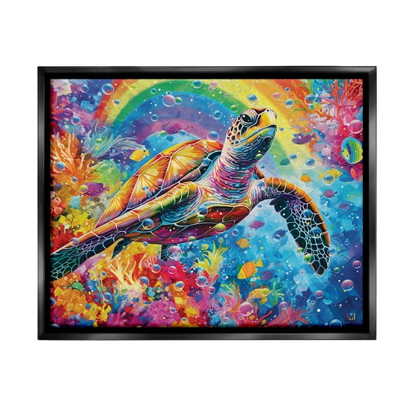 Stupell Industries Turtle with Underwater Rainbow Animals & Insects Painting Black Floater Framed Canvas Art Print Wall Art, 21 x 17