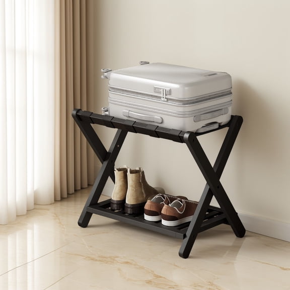 LEDREM Solid Wood Luggage Rack with Storage Shelf, Foldable Suitcase Stand No Assembly Required for Guest Room Hotel Bedroom, Ink Black