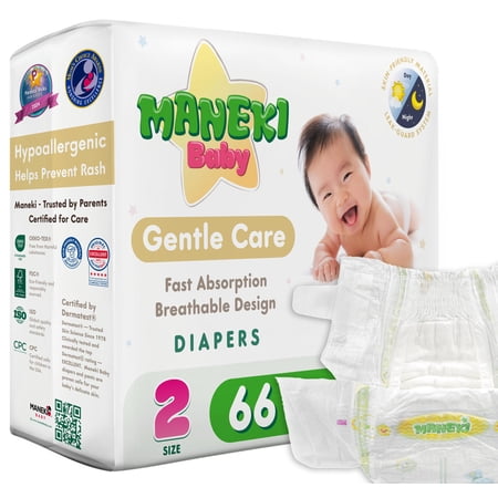 MANEKI Baby Disposable Baby Diapers Size 2 (9-18 lbs) 66 Count, Up to 12-Hour of Comfort, Leak Protection, Super Absorbent, Hypoallergenic (Select for More)