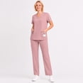 thumbnail image 2 of 2 Pcs Scrubs Sets for Women Stretch Wide Leg Pants & V-Neck Short Sleeve Tops Plus Size Medical Scrub Sets Pink XL, 2 of 6