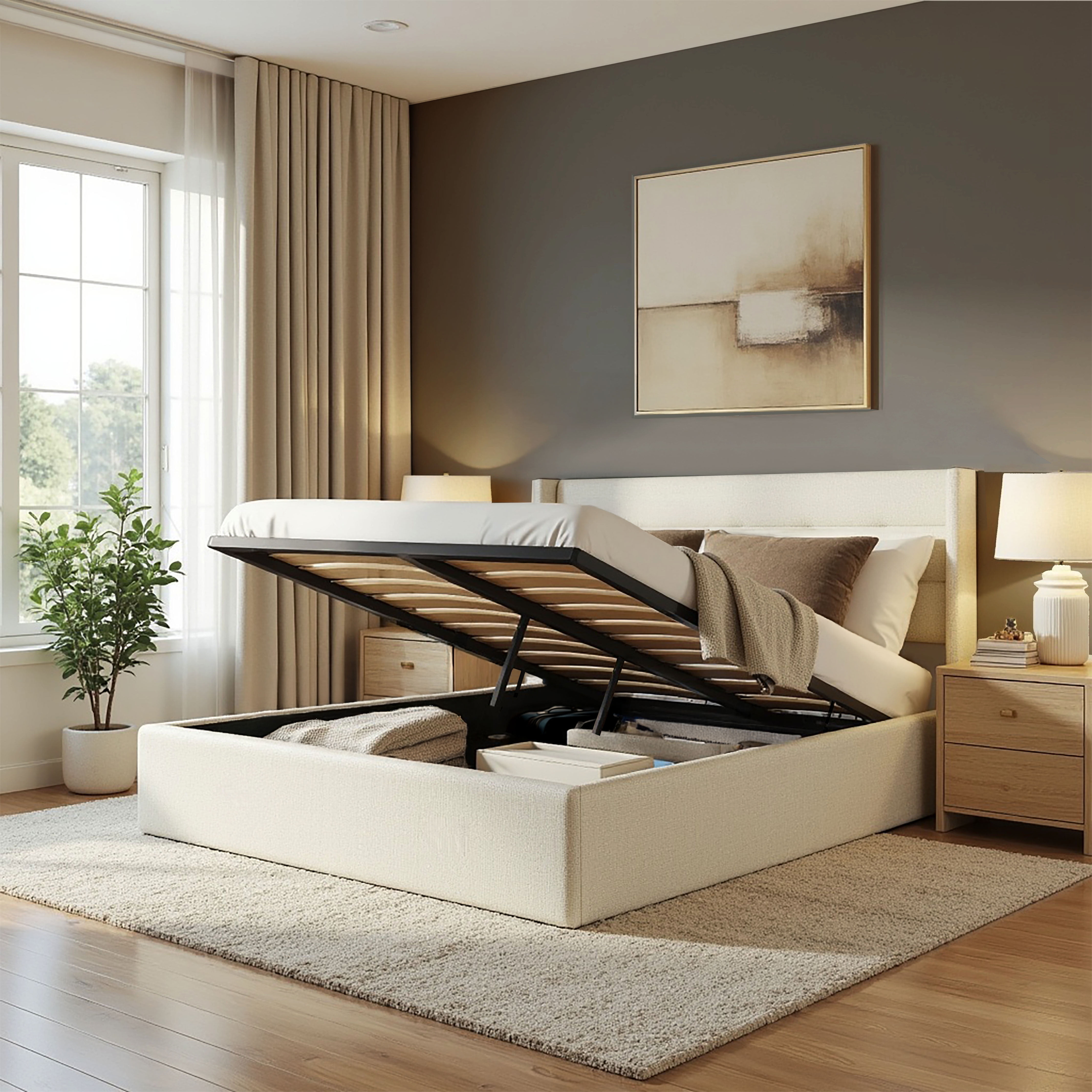 【hy100602】socph bed double Aykah Zir Double Size Bed Frame with Storage, Upholstered Heaboard
