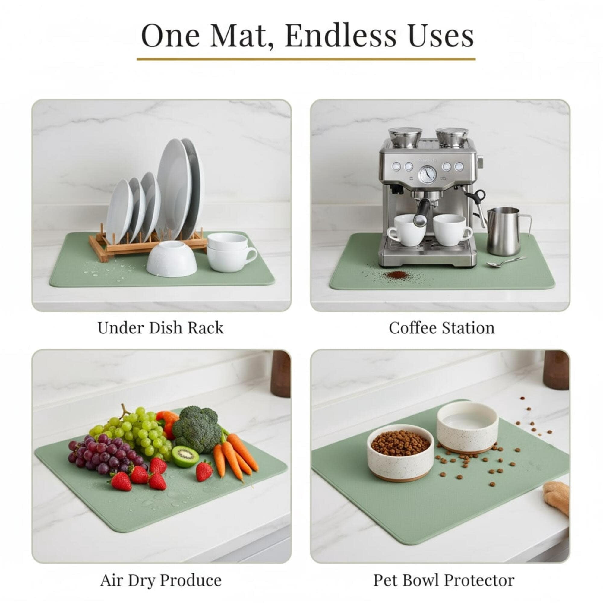 STRABELLA: Dish Drying Mat - 16x18", Sage - Super Water Absorbent, Quick Dry Foam, Multi-Purpose, Kitchen Countertops, Non-Slip, Machine Washable