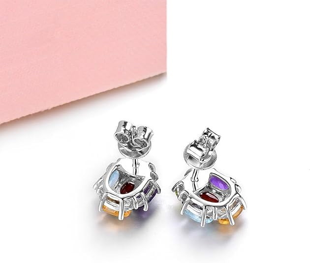 Divine_creation 2.10 Ct Oval Cut Multi Sapphire Womens Stud Earrings Push Back 14K White Gold Plated 925 Sterling Silver