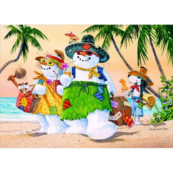 LPG Greetings Snowman Family on Beach: D.R. Laird Warm Weather / Tropical Christmas Card (1 card/1 envelope)