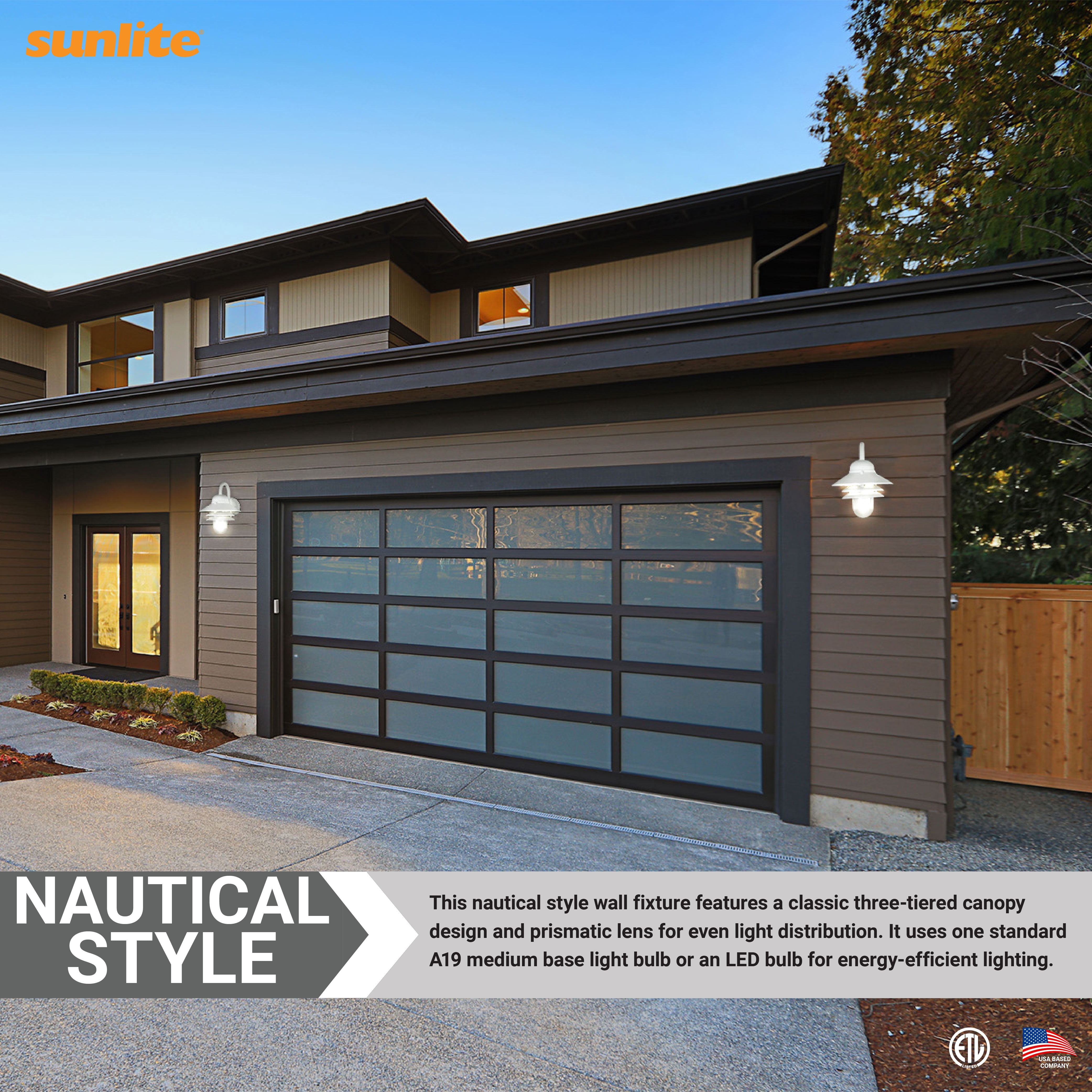 Sunlite Nautical Style Outdoor Wall Fixture, Medium Base Socket (E26), Weatherproof Polycarbonate, Prismatic Acrylic Lens, UL Listed, White Finish