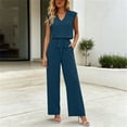 thumbnail image 2 of Womens Solid Color 2 Piece Outfit Set V Neck Sleeveless Cuffed Hem Top Elastic High Waist Pocket Wide Leg Pants Casual Matching Suit for Daily Vacation Navy XL(XL), 2 of 8