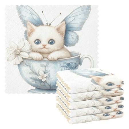 

6 Pieces of Kitchen Towels 11x11Inch Kitchen Dish Cloths Kitchen Dish Towels Reuseable Cleaning Cloths Teacup Cute White Cat
