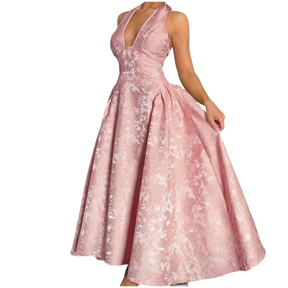 Women Halter Tea Prom Maxi Dresses 2025 Jacquard Satin Deep V-Neck A-Line Dress Formal Evening Party Gowns