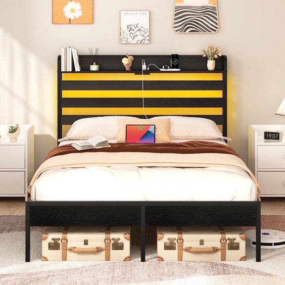 Yoobure Full Size Bed Frame with Headboard and Footboard, Wood Platform Bed with LED Lights and Charging Station,No Box Spring Needed, Black