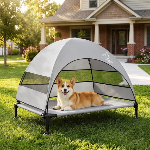Furggis Elevated Dog Bed with Canopy, Raised Outdoor Dog Cot with UV-Resistant Shade, Breathable Mesh Cooling Pet Bed with Anti-Slip Feet for Large Dogs, Camping & Yard