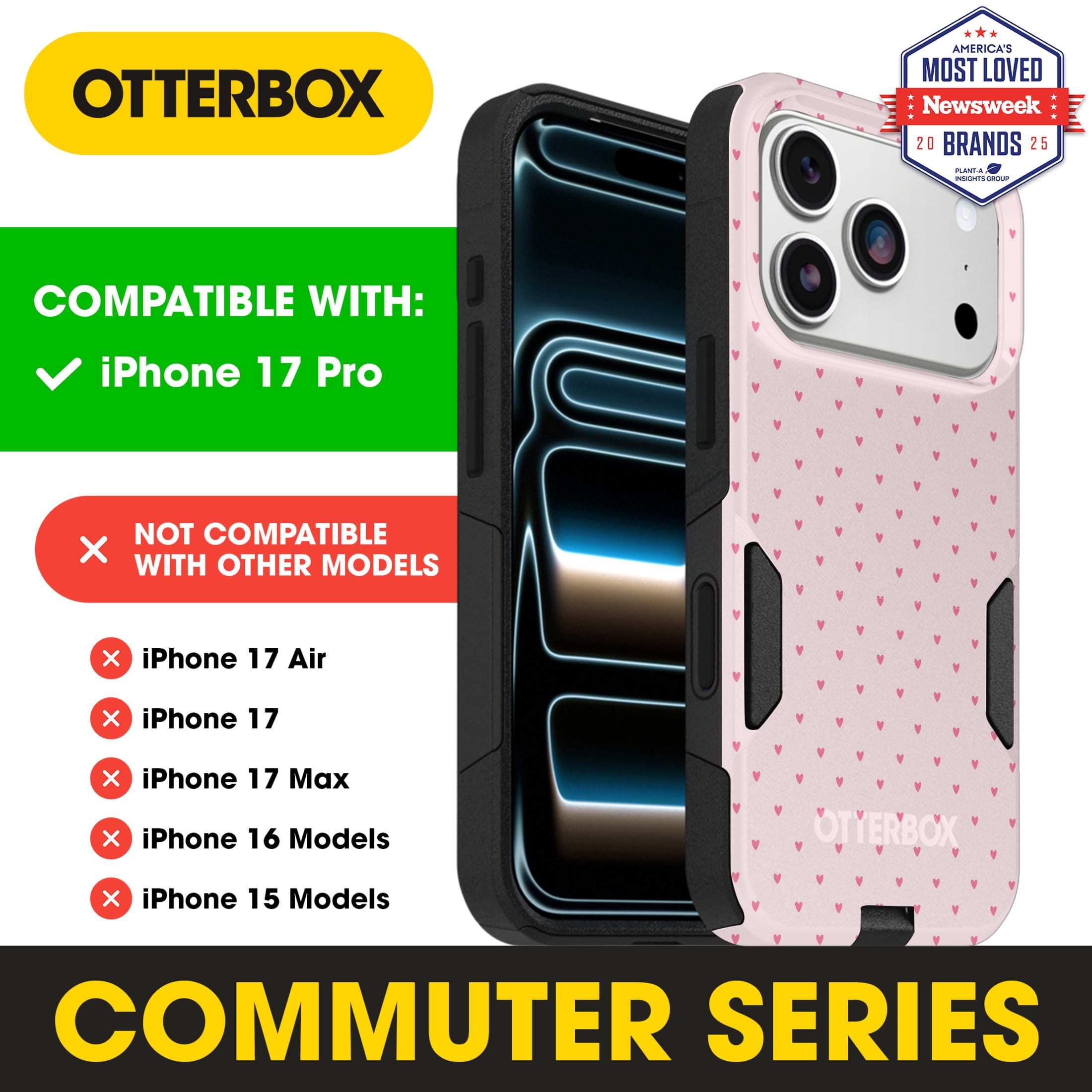 OtterBox iPhone 17 Pro (Only) – Commuter Series Case – Built-In MagSafe – Thin, Dual-Layer, Pocket-Friendly, Port Cover – Love is In the Air (Pink Heart)