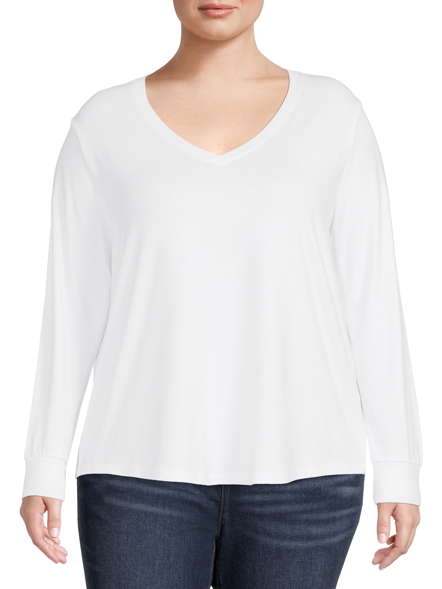 Terra & Sky Women's Plus Size V-Neck T-Shirt with Long Sleeves, 2-Pack