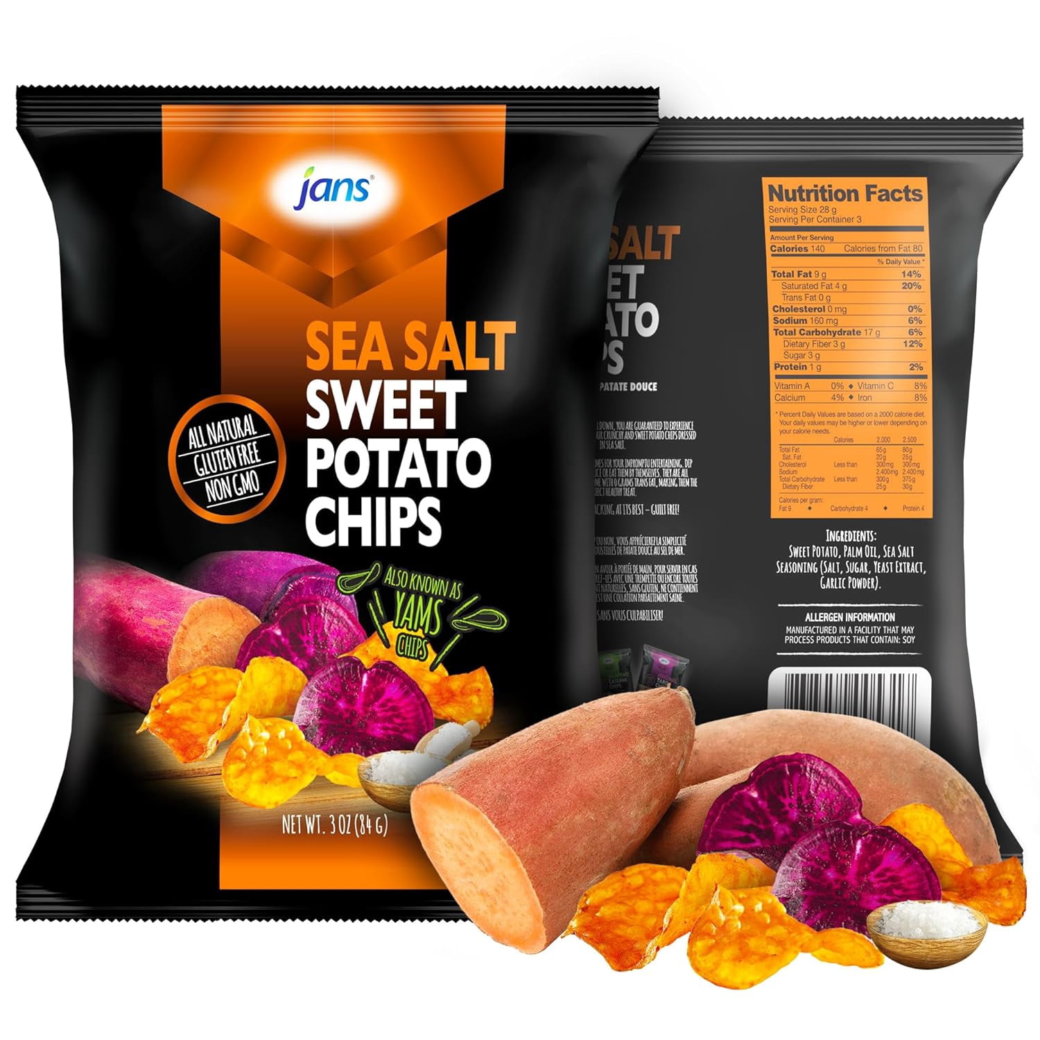 Jans Sea Salt Cassava Chips, Gluten Free, Non-GMO, Savory Sea Salt Cassava Yam Snack, Vegan Snack Alternative, Thin Sliced Root Chips, 3 Oz Per Bag (Pack of 12)