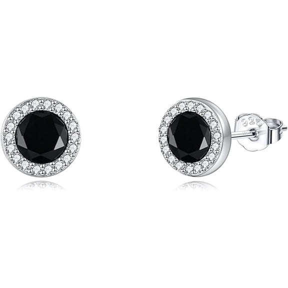 MYSTICPOEM 925 Sterling Silver Round Black Onyx Stud Earrings Cubic Zirconia CZ Jewelry for Men Women