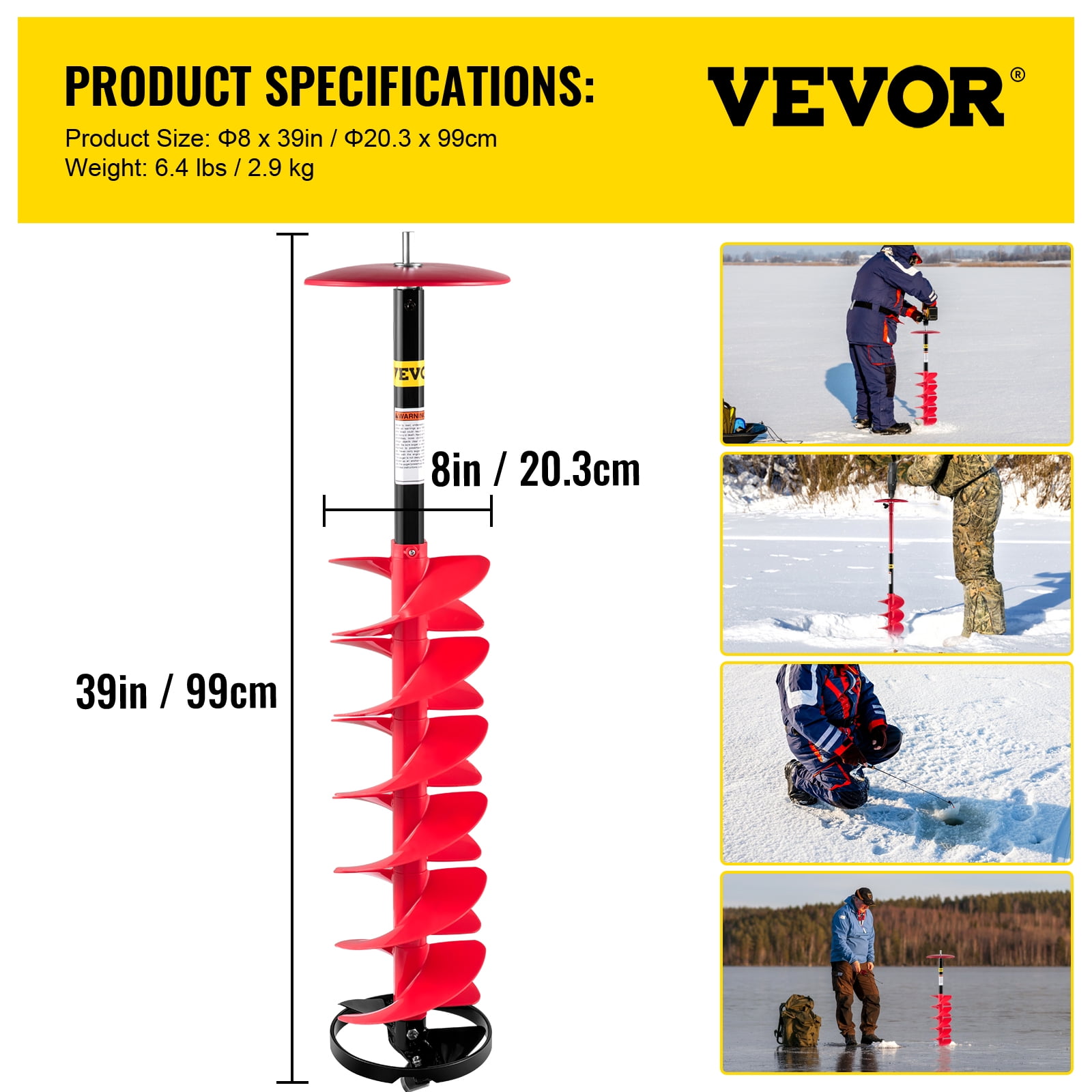 VEVOR Ice Drill Auger, 8'' Diameter Nylon Ice Auger w/ 39'' Auger Bit &11.8" Extension Rod, Auger Bit for Ice Fishing Ice Burrowing, Red