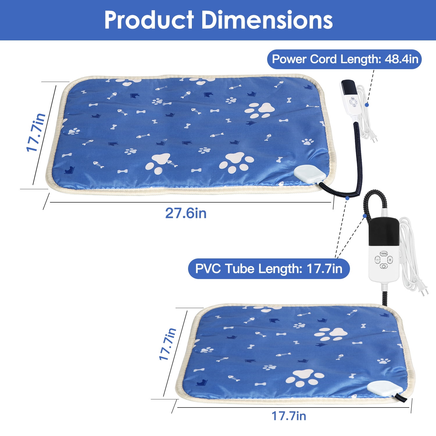 Pet Heating Pad, Electric Dog Cat Warming Pad Waterproof with 9 Heating Levels 4 Timer Setting Constan on Function Chewing Resistant, Blue S
