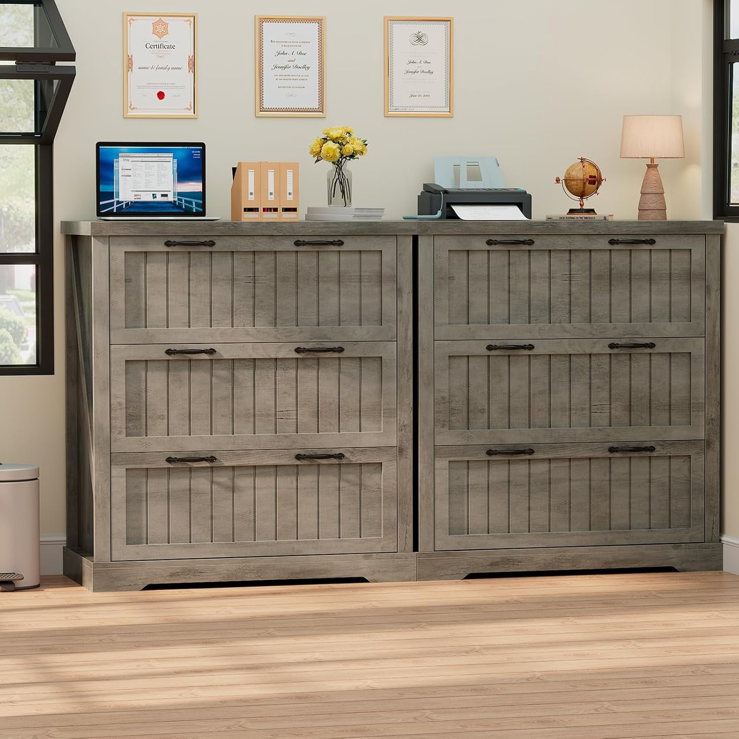 3 Drawer File Cabinet, Farmhouse Filing Cabinet Fits Letter/Legal/A4 Size, Wood File Cabinet with Printer Stand for Home Office, Retro Style for Living Room, Grey