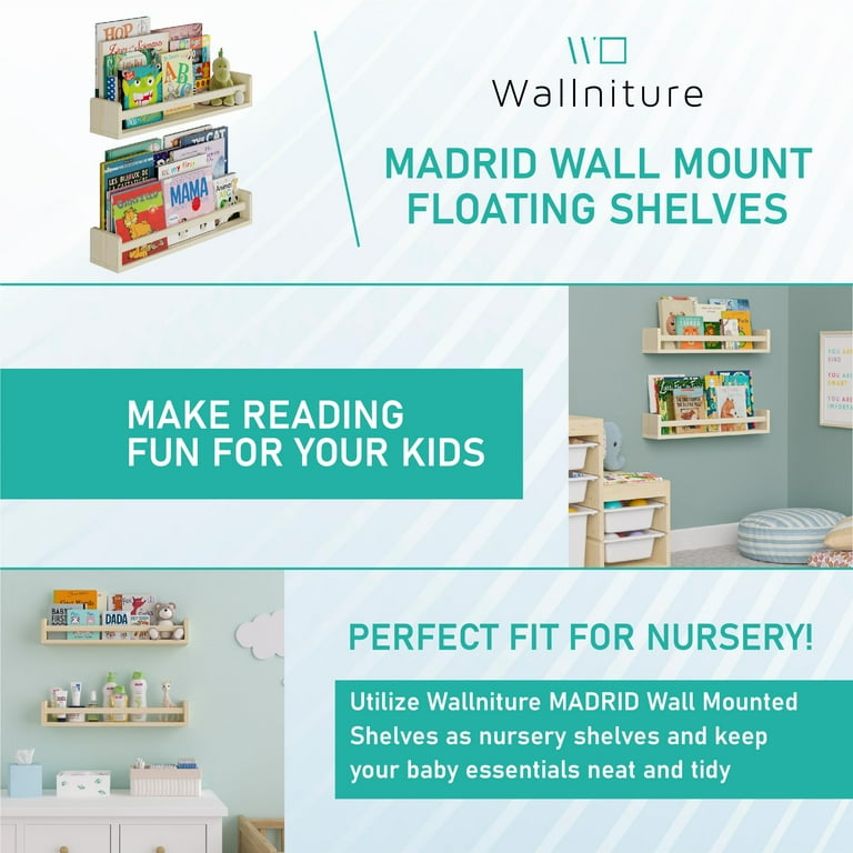 Wallniture Utah 32 inch Nursery Room Wood Floating Shelf Bookcase Wall Decor Kids Room Toy Organizer Storage Rack, White, Set of 2