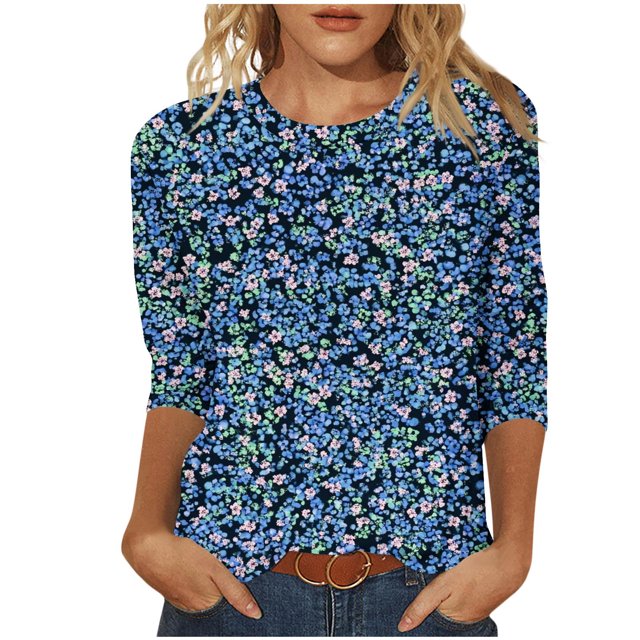 yoeyez T-Shirts à Manches 3/4 pour Femmes Col Ras du Cou Coupe Ajustée T-Shirts Western Hauts et Chemises à Fleurs pour Dames T-Shirts Basiques Unis Offres à Durée Limitée Bleu Foncé 5TG