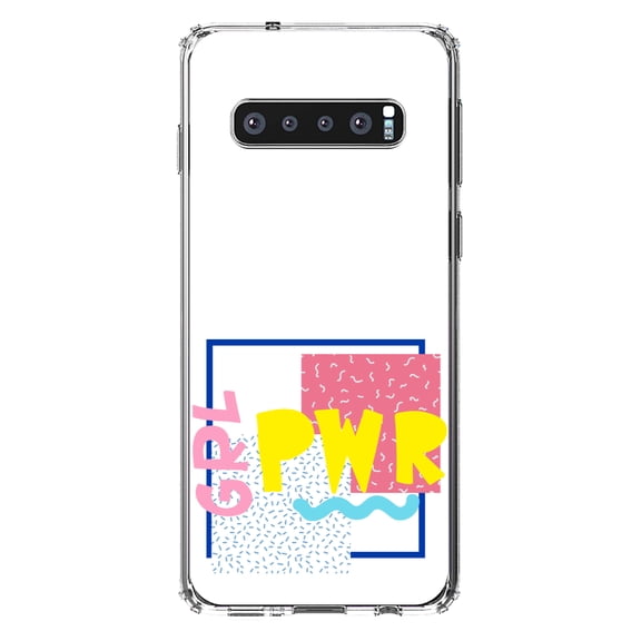 DistinctInk Clear Shockproof Hybrid Case for Samsung Galaxy S10 (6.1" Screen) - TPU Bumper, Acrylic Back, Tempered Glass Screen Protector - Girl Power - GRL PWR - Retro 80's Look