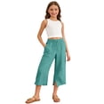 thumbnail image 2 of YaEYa Girls Linen Capri Pants Wide Leg Cozy Elastic Waist Flowy Casual Pants Summer Beach Cropped Trousers with Pockets (Light Green,7-8 Years), 2 of 8