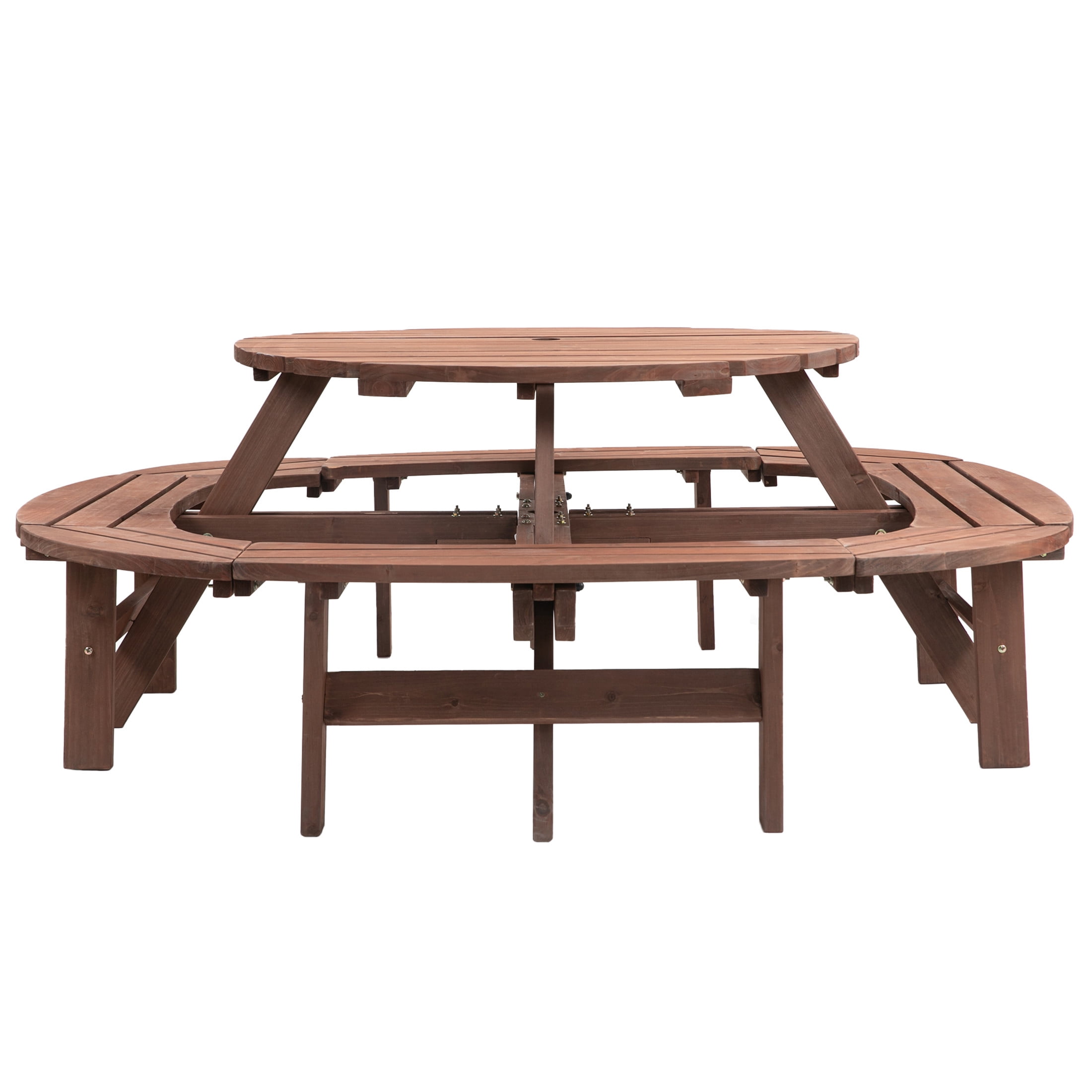 Noble House Lavinia Round Outdoor Fir Wood Picnic Table with Connected Ring Stool, for Patio, Backyard, Garden, Brown