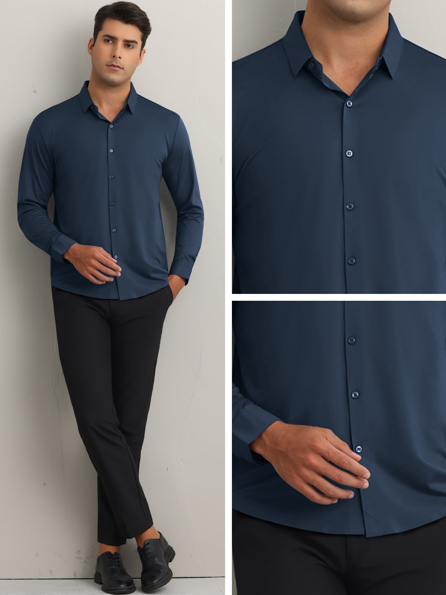 DARING DIVA Men's Soft Long Sleeve Button Down Business Formal Dress Shirt M Dark Blue
